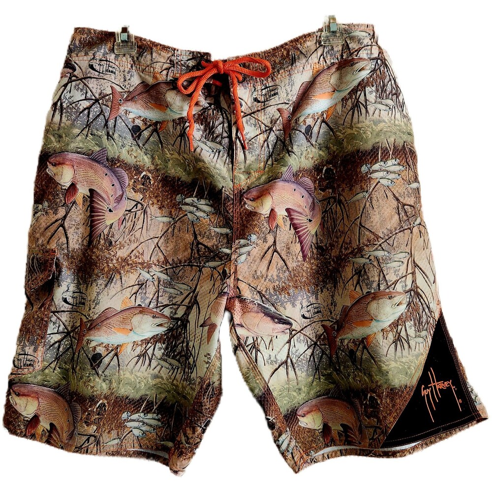 Guy Harvey Board Shorts Size 36 Camo Fish Logo Sportsman Camping Outdoors EUC